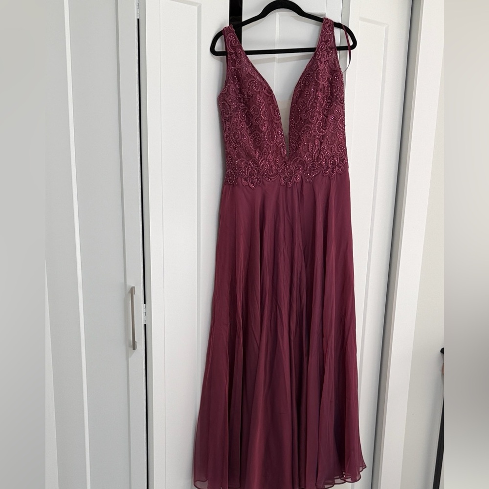 La Femme Burgundy Lace Prom Dress